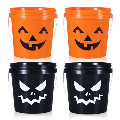 Container de plástico redondo personalizado de qualidade alimentar com tampa e alça para doces de Halloween