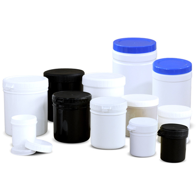Material frasco de armazenamento de plástico HDPE branco e preto garrafas de boca larga com tampa interna